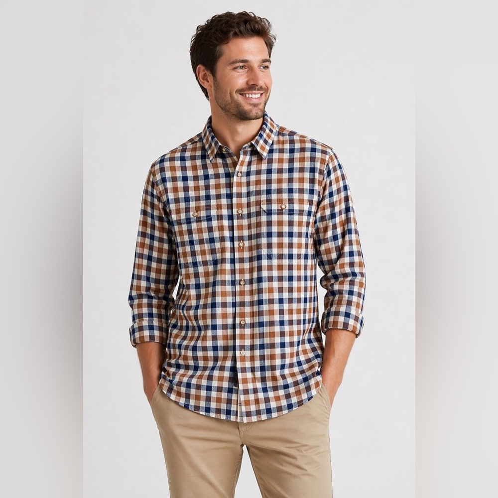 ROWM Big Man 3XB Button-Up Shirt Brown Blue Plaid Cotton NWT